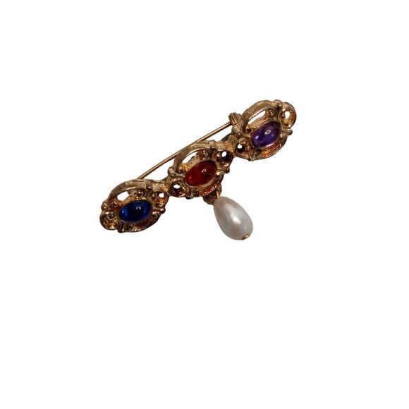 Vintage Cabochon Bar Pin Brooch Faux Pearl Drop Gold Tone VTG - Picture 11 of 16